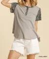 Umgee Animal Print Button Front Short Sleeve Ribbed Top In Cool Grey In Grey