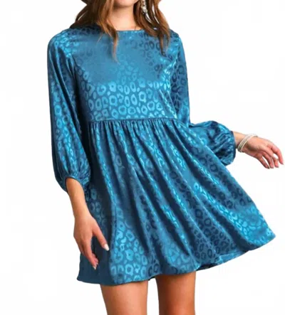 Umgee Animal Print Long Sleeve Dress In Teal In Blue