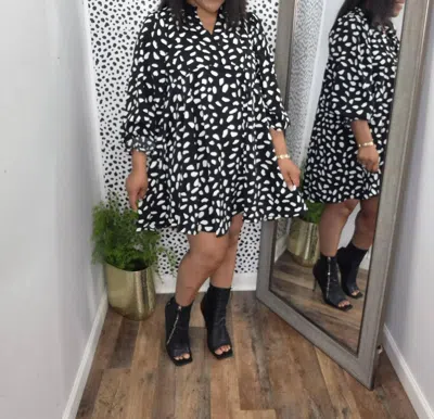 Umgee Animal Print Puff Sleeve Dress In Black & Ivory