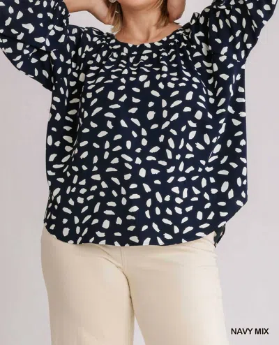 Umgee Animal Print Round Neck Long Sleeve Top In Navy In Blue