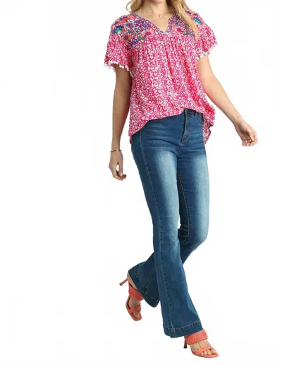 Umgee Animal Print Split Neck Ruffle Sleeve Top In Hot Pink