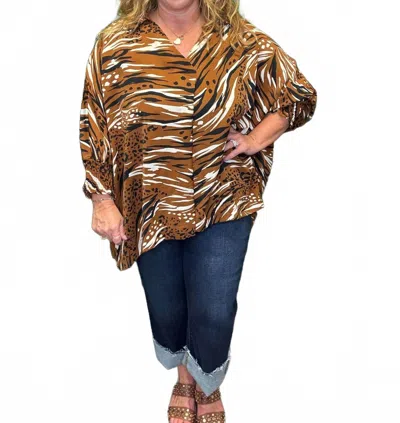 Umgee Animal Print V-neck Blouse In Brown