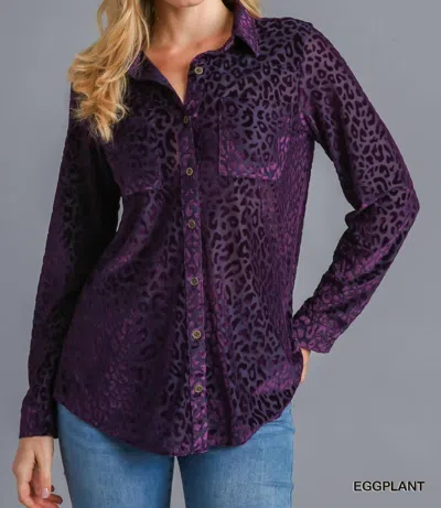Umgee Animal Print Velvet Button Up Top In Eggplant In Purple
