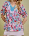 Umgee Aqua Bloom Blouse In Multi In Multi