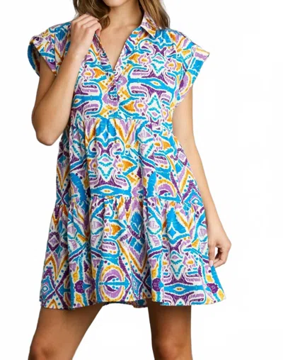 Umgee Aztec Printed Tiered Collared Mini Dress In Azure Blue
