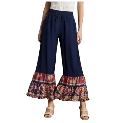 Umgee Boarder Print Ruffle Hem Wide Leg Pants With Elastic Band In Navy Mix In Blue