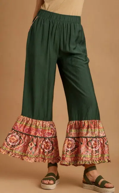 Umgee Boarder Print Ruffle Hem Wide Leg Pants With Elastic Band In Olive Mix In Green