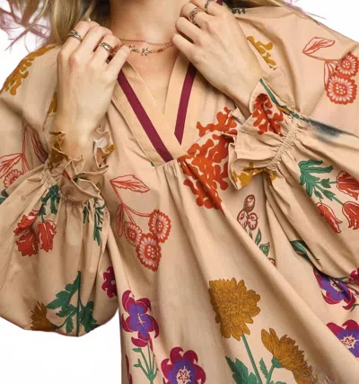 Umgee Bohemian Floral Peasant Blouse In Tan In Brown