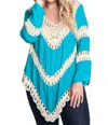Umgee Bohemian Lacy Crochet Trim Tunic In Teal In Blue