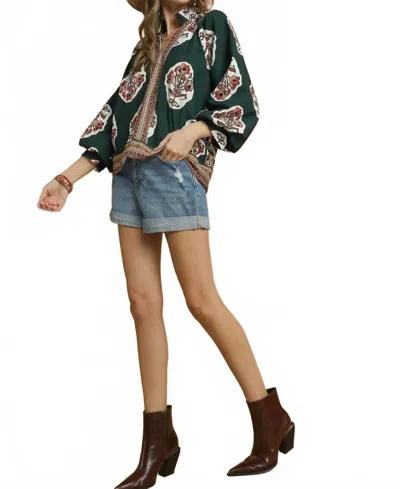 Umgee Boho Floral Flowy Print Top In Green