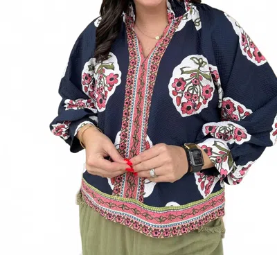 Umgee Boho Floral Print Tunic Top In Navy In Blue