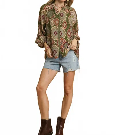 Umgee Boho Mosaic Button Down Blouse In Olive Mix In Green