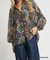 Umgee Boho Mosaic Print Button Down Blouse With Balloon Sleeves In Brown Mix In Multi
