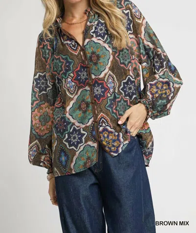 Umgee Boho Mosaic Print Button Down Blouse With Balloon Sleeves In Brown Mix In Multi
