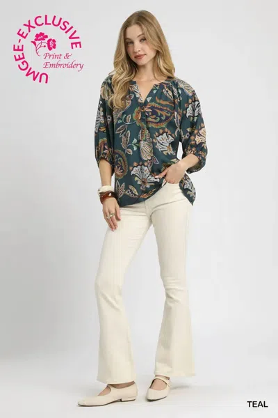 Umgee Boho Paisley Puff Sleeve Blouse In Teal In Transparent