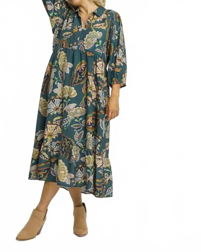Umgee Boho Paisley Tiered Midi Dress In Teal In Blue