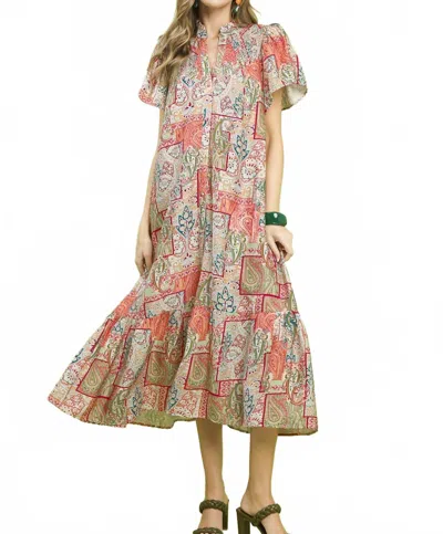 Umgee Boho Patchwork Print Flutter Sleeve Midi Dress In One Color In Multi