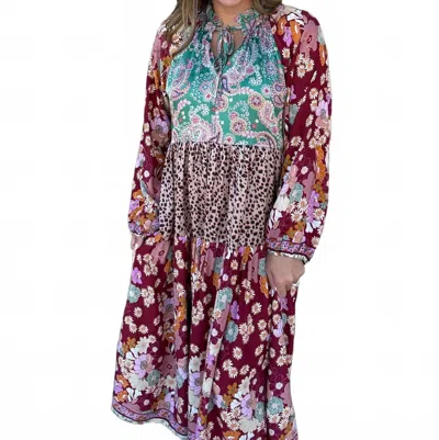 Umgee Boho Patchwork Print Tiered Midi Dress In Burgundy & Green Mix In Red