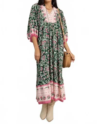 Umgee Boho Patchwork Print Tiered Midi Dress In Green Mix In Multi