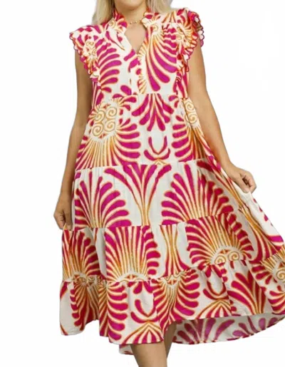 Umgee Boho Print Ruffle Sleeve Tiered Dress In Magenta In Pink