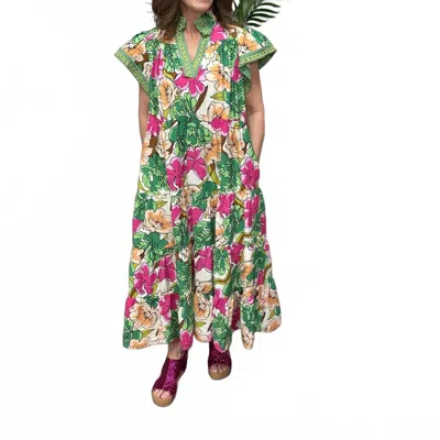 Umgee Bold Floral Tiered Midi Dress In Green Mix In Multi