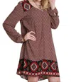 Umgee Border Print Peasant Dress In Chocolate In Multi