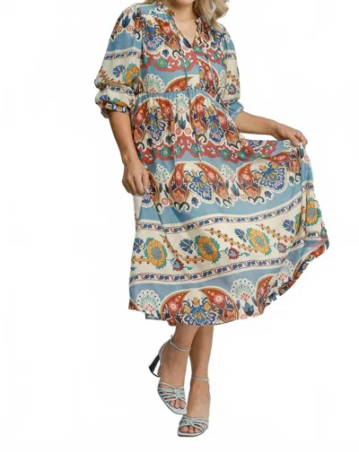 Umgee Border Print Tiered Midi Dress In Blue Mix In Multi