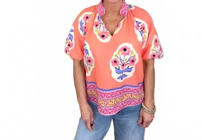 Umgee Border Print Top In Coral In Multi