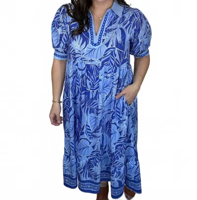 Umgee Border Print V-neck Midi Dress In Blue Leafy