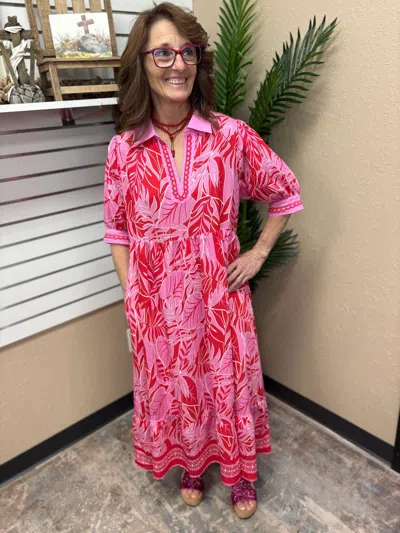 Umgee Border Print V-neck Midi Dress In Red Leafy In Multi