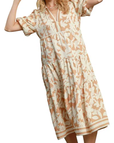 Umgee Botanical Print A-line Tiered Dress In Mocha In Neutral