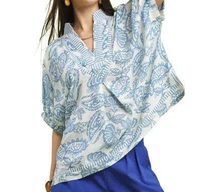 Umgee Botanical Print Mixed Trim Tunic Top In Light Blue