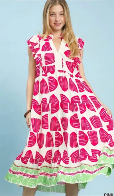 Umgee Bottom Ruffle Midi Dress In Pink