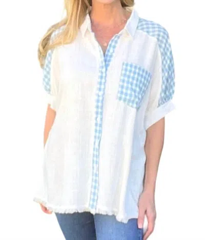 Umgee Boxy Cut Checkered Linen Blend Top In Off White In Blue