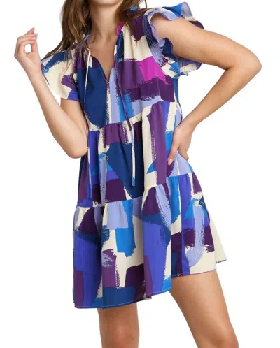 Umgee Brushstroke Smocked Flutter Sleeve Dress In Lilac In Multi