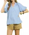 Umgee Bubble Sleeve Blouse Top In Blue Gingham In Multi