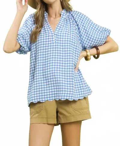 Umgee Bubble Sleeve Blouse Top In Blue Gingham In Multi