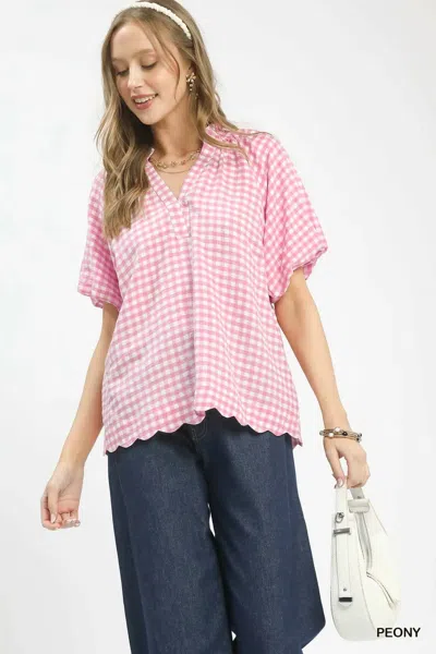 Umgee Bubble Sleeve Blouse Top In Pink Gingham