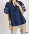 Umgee Bubble Sleeve Embroidered Blouse In Navy In Blue