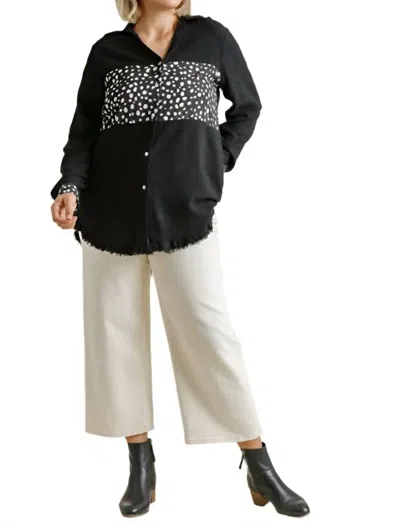 Umgee Button Down Frayed Long Sleeve Shirt In Dalmatian In Black