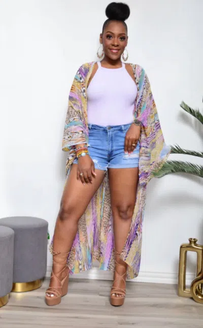 Umgee Cabana Beach Kimono In Purple & Taupe