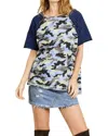 Umgee Camo & Striped Top In Blue In Blue