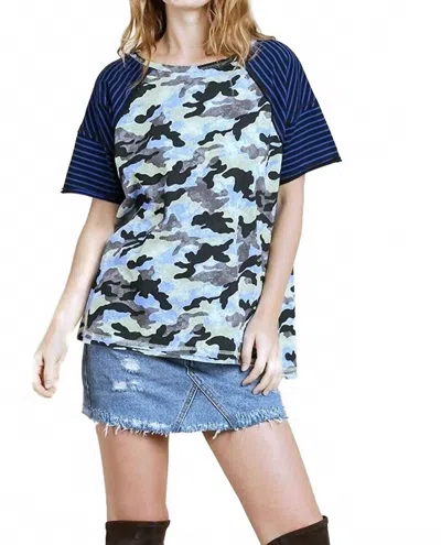 Umgee Camo And Striped Top In Blue/ Cocoa
