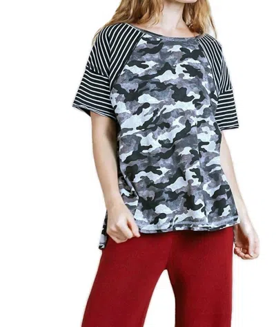 Umgee Camo & Striped Top In Grey