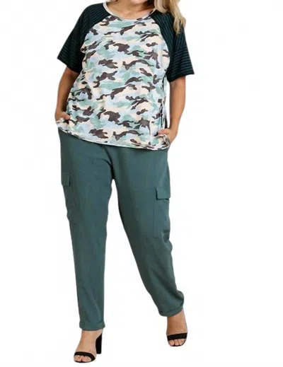 Umgee Camo And Striped Top In Peach/ Green In Blue