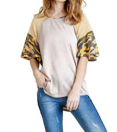 Umgee Camo Bell Sleeve Top In Stone