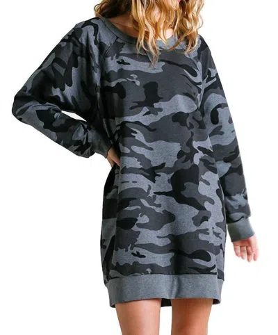 Umgee Camo Raw Edge Dress In Grey In Black