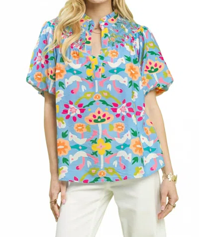 Umgee Carolina Folk Art Print Top In Blue Multi