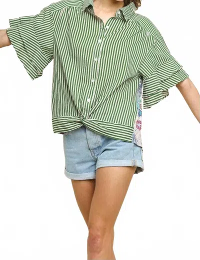 Umgee Carrie Button Down Top In Pinstripe Green & Beige