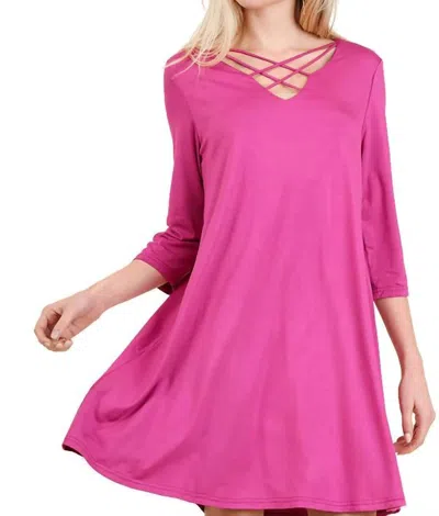 Umgee Casual Crossed Neck Shift Dress In Raspberry In Pink